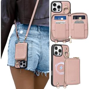 ORNARTO Magnetic Detachable Wallet Case for iPhone 16 Pro Max, [Compatible with MagSafe], Crossbody Wallet Case with Card Holder Wrist Strap, RFID Blocking PU Leather Wallet Phone Cover 6.9", Pink