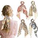 Aodes 4 Pieces Silky Satin Chiffon Hair Ties with Long Ribbon Bow Scrunchies, Ponytail Holders Rubber Bands, Knotted Bow Silk Hair Ties for Women and Girls