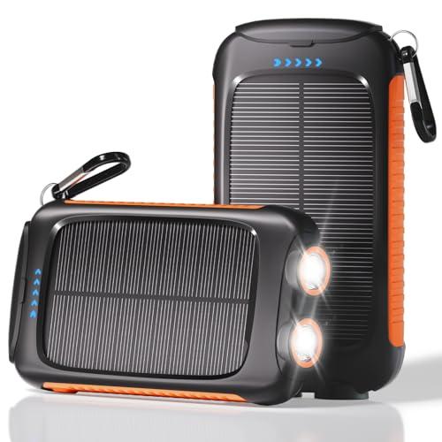 Portable Charger Solar Power Bank 20000mAh with USB-A and USB-C 5V/3A Output Port Orange Battery Pack Compatible with iPhone, Samsung, Waterproof Emergency LED Flashlights Perfect for Camping, Hiking