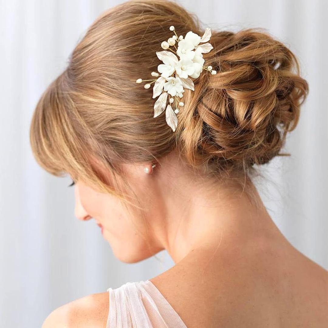 Flower Bridal Hair Pieces with Comb Pearl Leaf White Ceramic Floral Wedding Hair Accessories for Women Girls