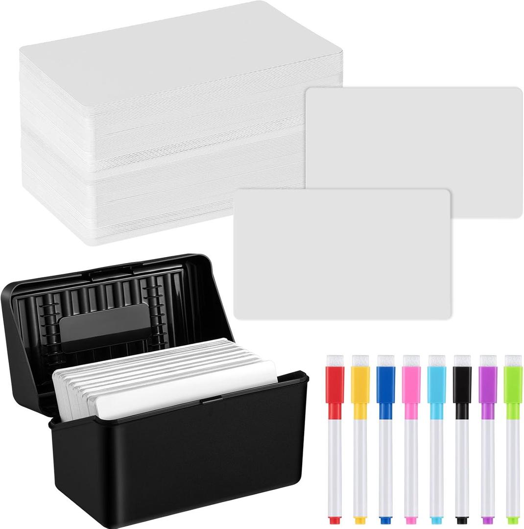 Jetec Index Card Storage, 100 Pcs Blank Dry Erase Index Cards and 8 Dry Erase Markers Black Storage Box, Practical Index Card Organizer Reusable DIY Flash Cards for School Message Notes (3 x 5 Inch)