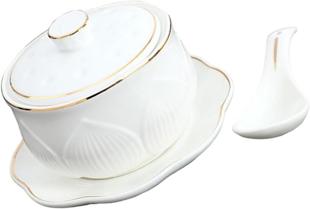 Unomor Ceramic Stew Pot with Lid Small Soup Bowl Set Elegant Flower Trimmed for Steaming Soups and Desserts Microwave Dishwasher Safe