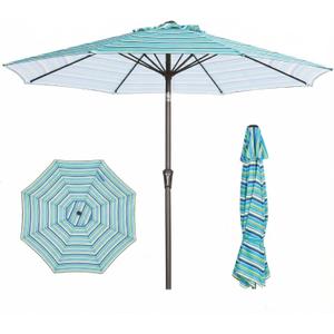 PatioKingdom 9FT Patio Outdoor Umbrella-UPF 50+ Sun Shade with Wind Vent, Push-Button Tilt & Smooth Crank Lift, Rust-Resistant Fiberglass Frame for Garden, Backyard,Yard (Blue Green Stripes)