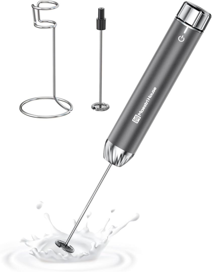 Maestri House Rechargeable Milk Frother with Stepless Speed Control, LunaFro Max Handheld Electric Foam Maker Waterproof Drink Mixer Foamer with Stand & Detachable Whisks for Lattes, Cappuccino (Space Gray)
