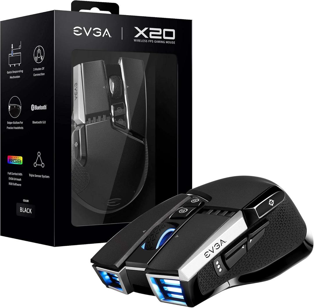 EVGA X20 Gaming Mouse, Wireless, Black, Customizable, 16,000 DPI, 5 Profiles, 10 Buttons, Ergonomic 903-T1-20BK-KR