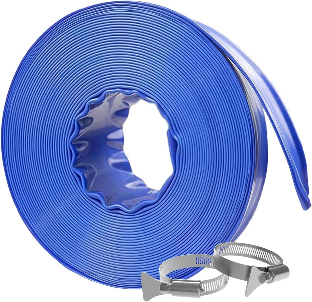 Poolvio Backwash Hose 2" x 50 ft, Blue Lay-Flat PVC Drain Hose with 2 Stainless Steel Thumb Screw Clamps, Tear-Resistant & Leak-Free for Swimming Pool Filter Cleaning, Flooded Area, Pond Draining