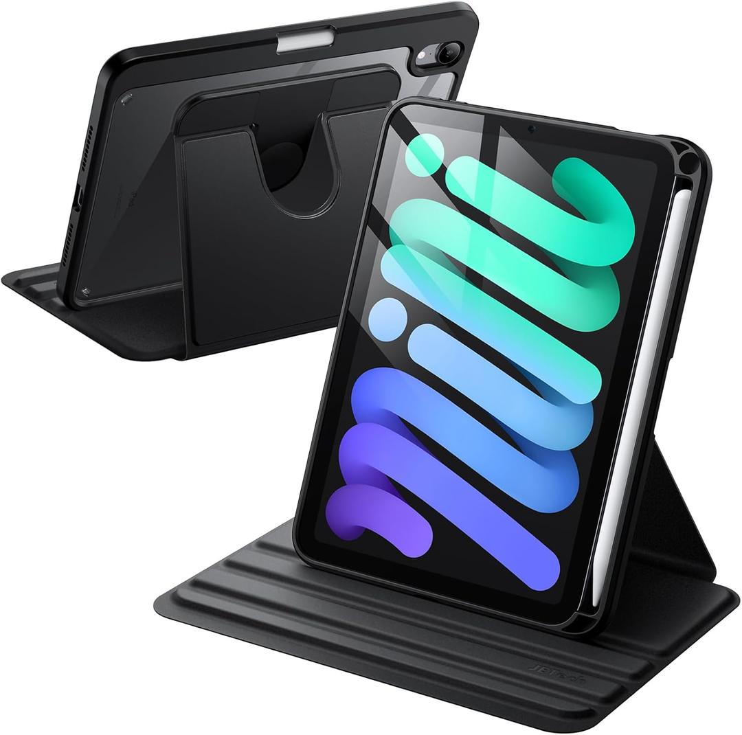 JETech Rotating Case for iPad mini (A17 Pro, 2024 Model, 7th Generation) / mini 6 (2021 Model, 6th Generation) with Pencil Holder, 360 Degree Rotation Protective Stand Cover Clear Back (Black)