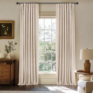 INOVADAY 100% Blackout Curtains for Bedroom, Black Out Curtains 63 Inch Long, Clip Rings Linen Blackout Drapes, Thermal Insulated Room Darkening for Living Room, 2 Panels - Oatmeal,W50xL63
