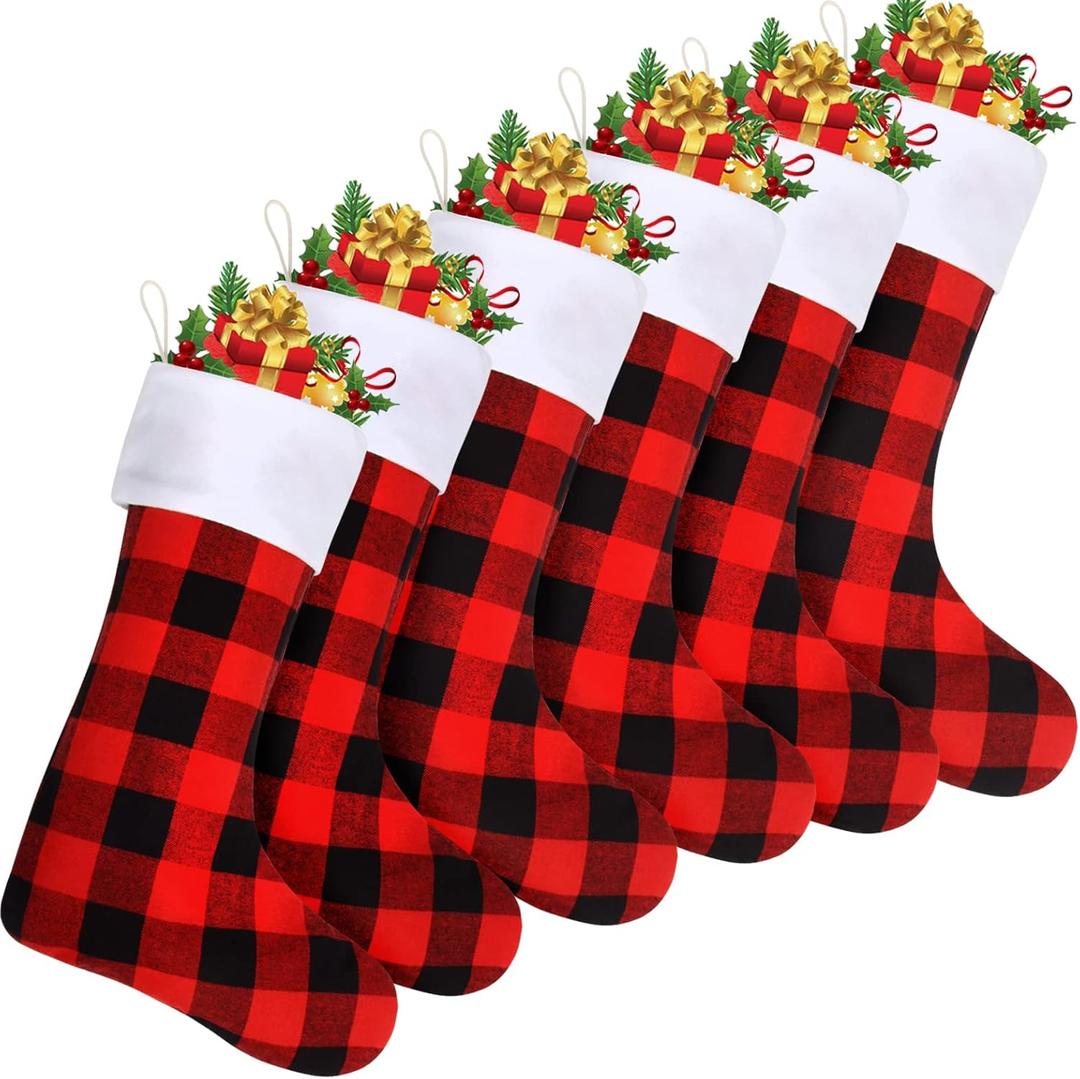 6 Pack Christmas Stockings Bulk, 18 Inch Large Red Black Buffalo Plaid Fireplace Hanging Stockings for Family Holiday Xmas Party Decoration