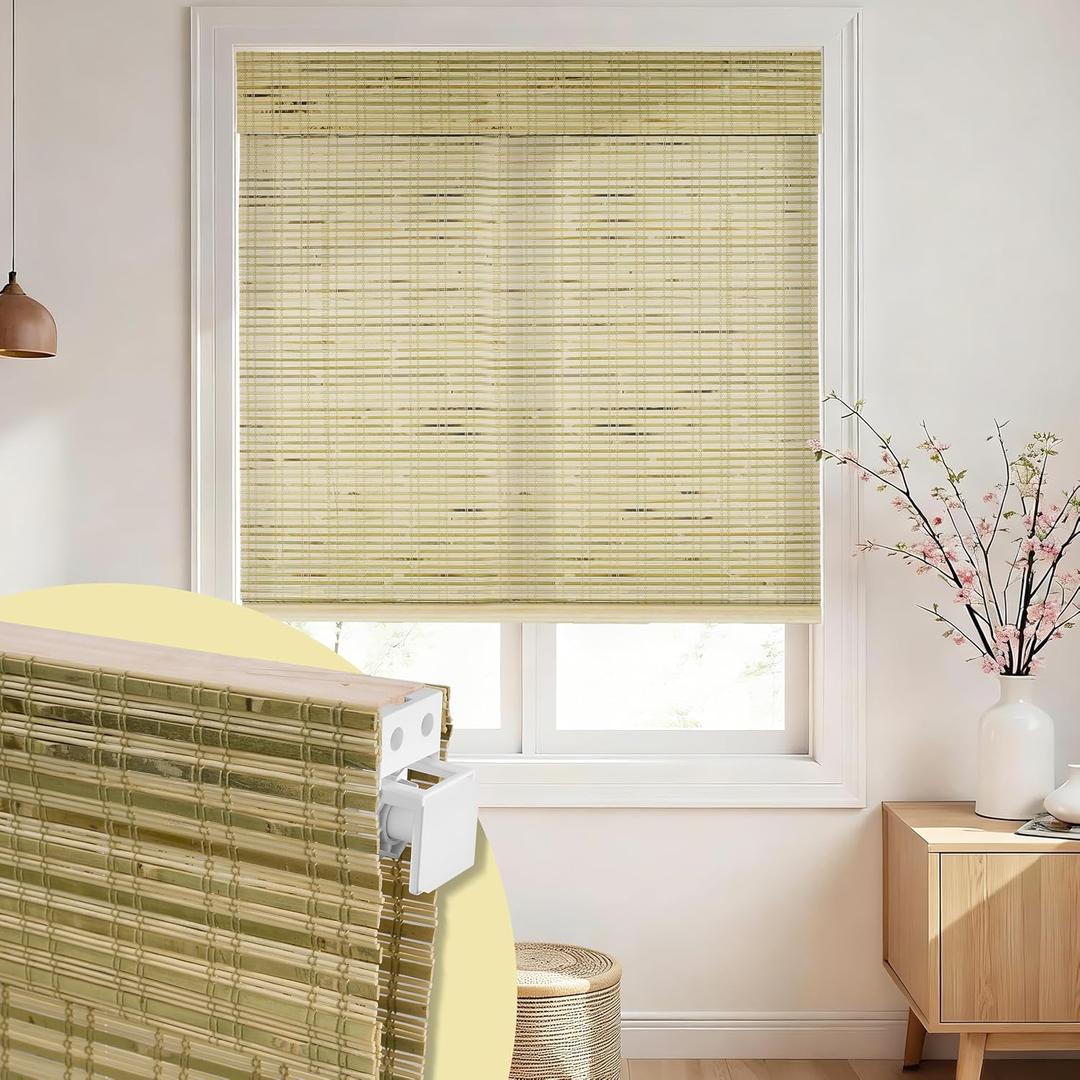 No Drill Bamboo Roman Shades Cordless, Raw Bamboo, 35" W x 64" H