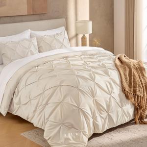 Andency Beige Comforter King (104x90Inch), 3 Pieces Pinch Pleat Lightweight Soft Comforter Set, All Season Pintuck Polyester Bedding Set