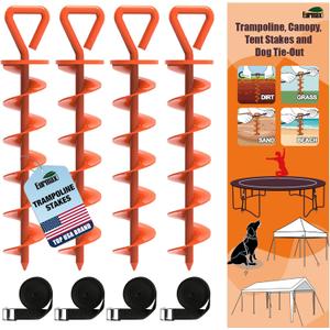 Eurmax USA Trampoline Stakes Heavy Duty Trampoline Parts Steel Stakes Anchor Kit for Trampolines Canopy Anchor Dog Tie Out Stakes -Set of 4 Bonus 4 Strong Belt(Orange)