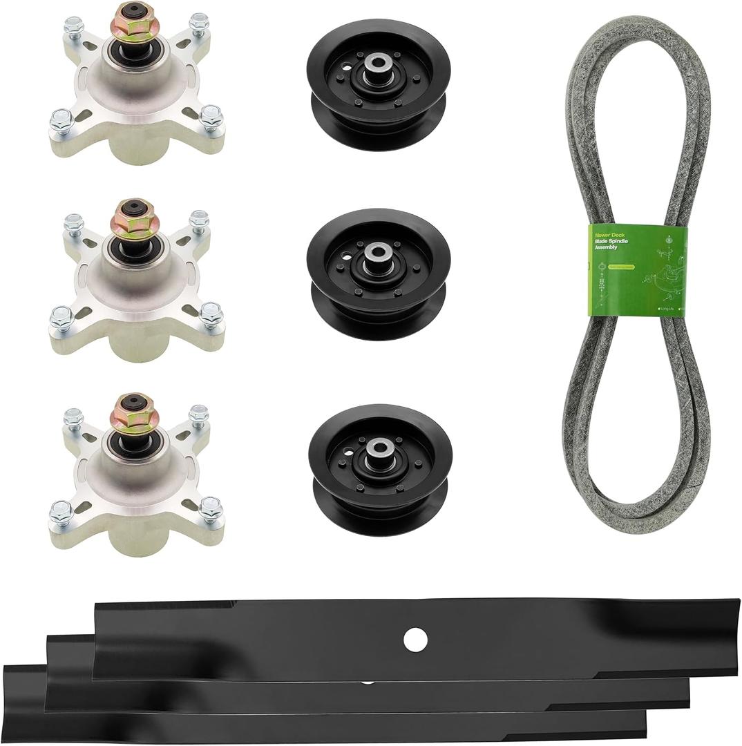 q&p Deck Rebuild Kit fit for Blades Pulley Spindles Belt Toro TimeCutter Z5000 Z5020 Z5030 Includes (3) Spindle 117-7268 (3) Idler Pulley 106-2175 (1) V-Belt 120-3892 (3) Blade 12273