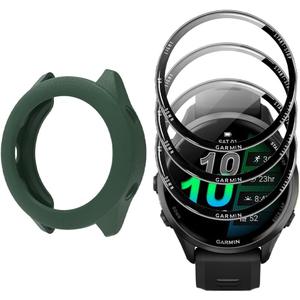 Watch Screen Protector (3+1Pack) Compatible for Garmin Forerunner 570 47mm,Full Coverage 3D Curved Edge Frame PET Film Anti-Scratch High Definition and TPU Protective Case (green)