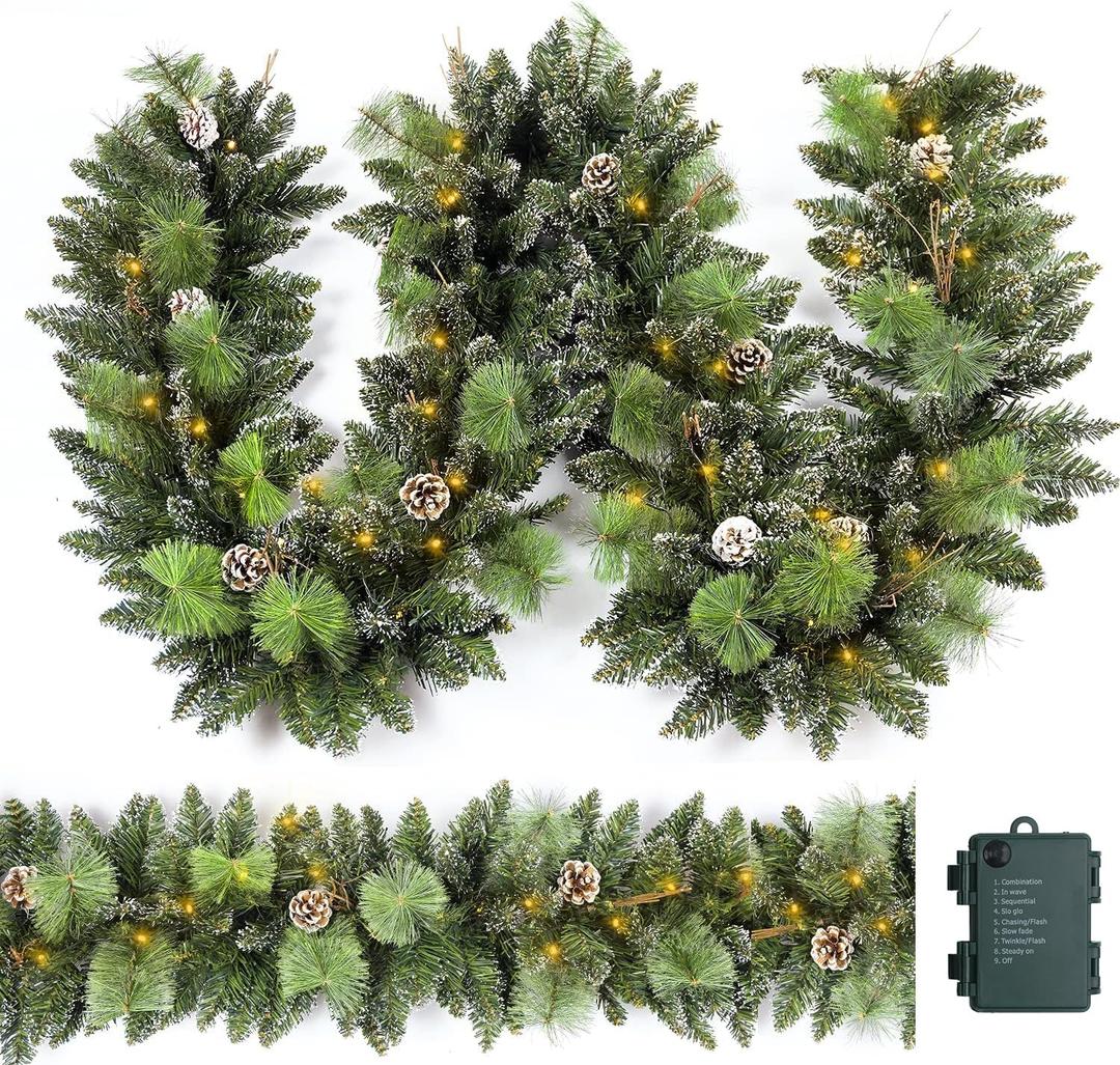 Christmas Garland Prelit 9 Ft with 50 Led Lights, Pine Cone and Snow Style Xmas Garland, Battery Operated Christmas Decor for Mantle Stair Indoor Outdoor