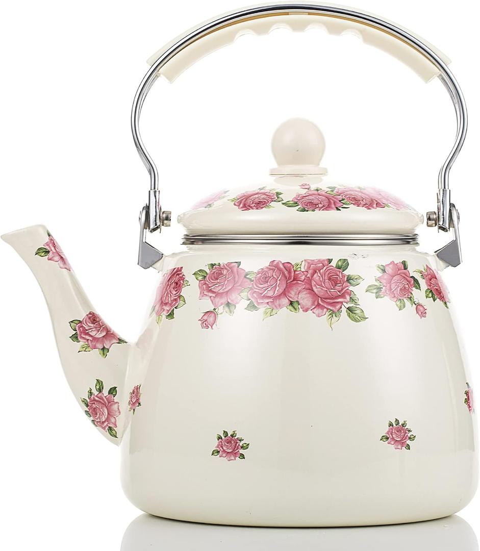 Tea Kettle Pot for Stove Top,Porcelain Large Enamel Teakettle,3.3L Colorful Teapot Floral Ceramic for Stovetop,Retro Classic Design (Ivory)