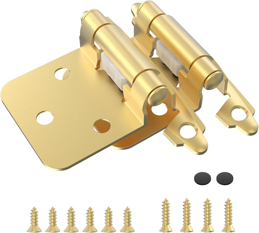1/2" Overlay Cabinet Hinges, 20 Pack Self Closing Flush Mount Hinges with Door Bumper, Variable Decorative Hardware for Bathroom, Furniture, Kitchen Cabinet Doors, Brass Gold