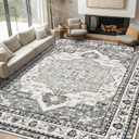 Findosom 8x10 Area Rugs for Living Room, Non-Slip Soft Washable Rug with Vintage Medallion Pattern, Low Pile Faux Wool Large Boho Rugs for Bedroom, Ding Room, Entryway and Home Decor, Grey Green