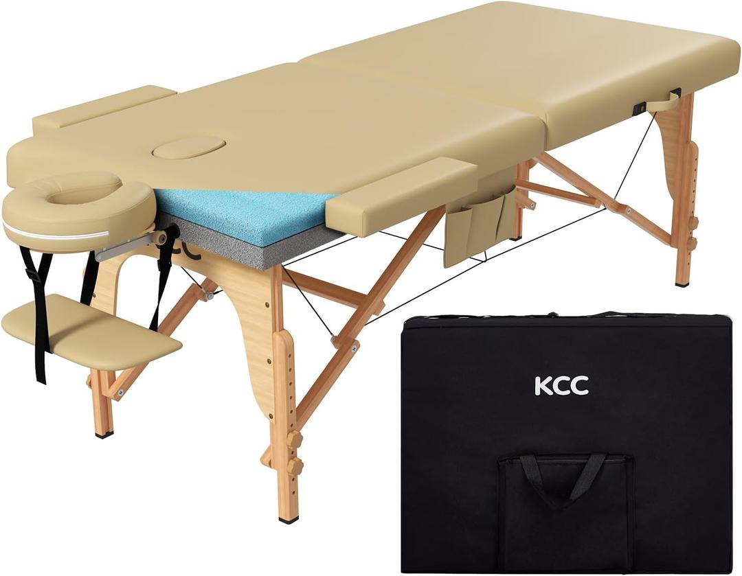KCC Memory Foam Portable Massage Table, Foldable Tattoo Table Lash Bed Height Adjustable28 Inchs Wide Home Salon Spa Bed Accessories &Carrying CaseEasy Set Up,Sturdy Wooden Feet,Beige