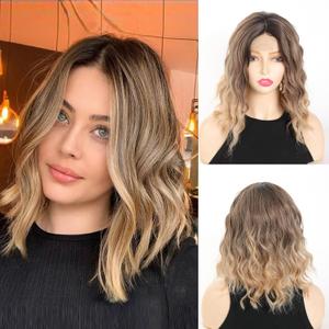 Wigs for White Women Synthetic Wig Short Hair Wavy Wig for Women Shoulder Length Wigs 14 InMiddle Part Natural Looking Synthetic Heat Resistant Fiber Wig (DM376-R4/10BT24)