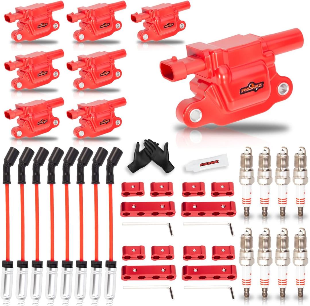 8 Pack Red Square Upgraded Ignition Coil Pack and Spark Plugs and Wires Set for Buick/Cadillac/Chevrolet/GMC/Hummer Escalade Express Savana 2500 5.3L 6.2L 6.0L 4.8L Replaces UF413 12570616