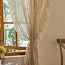 TUDECO Sheer Beige Curtains 72 Inch Length 2 Panels - French Country Vintage Lace Curtains with Flower Bird Pattern and Ruffle Edges, Rod Pocket Privacy Drapes for Dining Room Doorway, 59 x 72 Inch