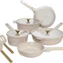 Paris Hilton Ceramic Nonstick Cookware Set, Cast Aluminum with Dual Layer Nonstick Coating, Gold Heart Knobs, Stay-Cool Handles, Made without PFAS, PFOA, PFOS & PTFE, Dishwasher Safe, 10-Piece, Cream