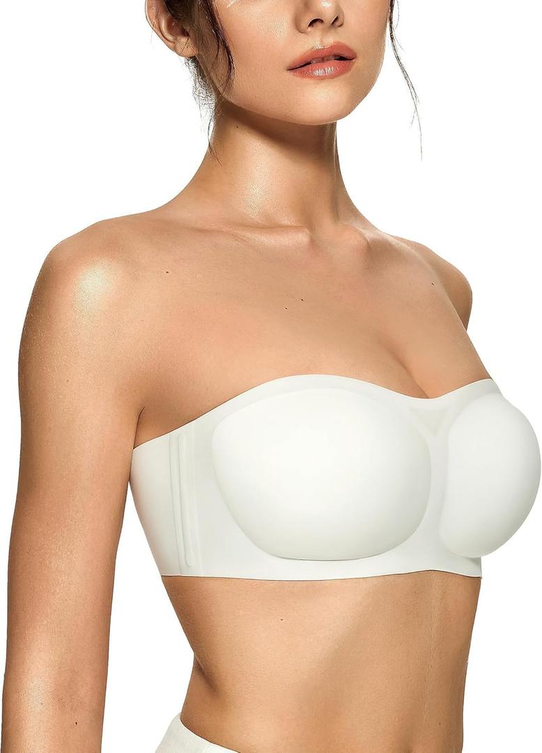 OEAK Womens Strapless Bras Jelly Push Up Bandeau Bra Non Slip Wireless Supportive Padded Bras Seamless Comfortable Tube Bra (White, L)