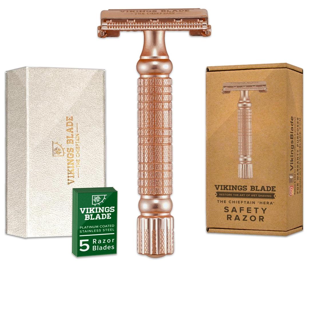 VIKINGS BLADE Double Edge Safety Razor + 5 Swedish Steel Blades + Luxury Case. Smooth, Reusable, Recyclable (Chieftain "Hera") (Frosted Rose Gold)