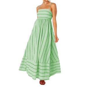 Women Striped Maxi Dress Sleeveless Backless Cutout Smocked Sundress Spaghetti Straps Boho Flowy Dresses.S