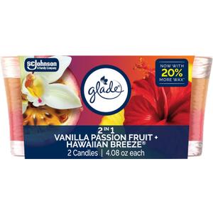 Glade 1-Wick 2in1 Scented Candle Jar, Hawaiian Breeze & Vanilla Passion Fruit, Air Freshener Infused with Essential Oils, 4.08 Oz, 2 Count
