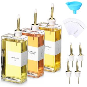 3 Sets Olive Oil Dispenser Bottles for Kitchen with Nozzles Funnel Labels Cooking Oil Dispenser 500ml Set for Kitchen Vinegar Coffee Syrup (Gold)