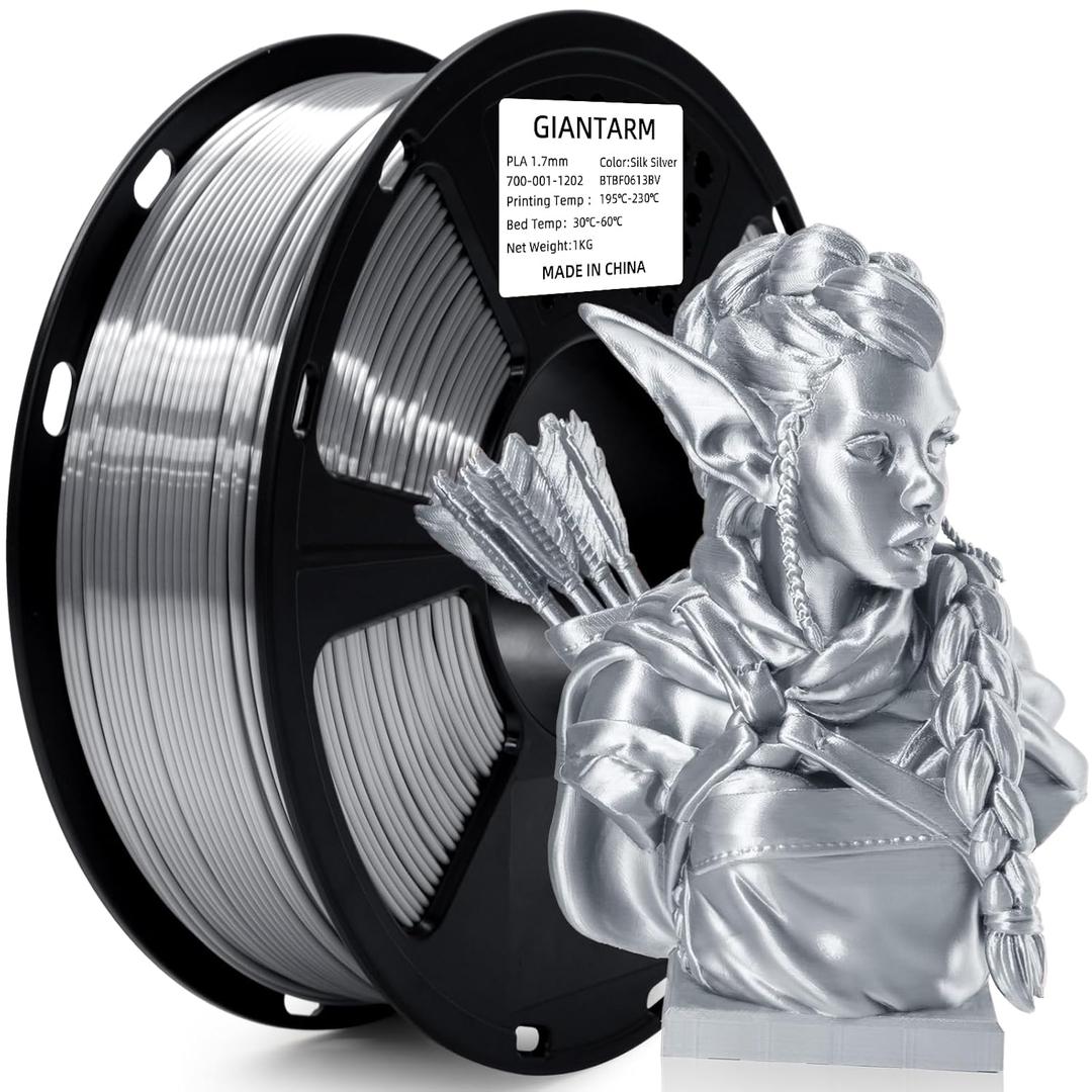 GIANTARM Silk Metallic Silver PLA 3D Printer Filament 1kg Spool, 1.75mm Dimensional Accuracy +/-0.03mm, 1080 Feet per Roll, Vacuum Packaging