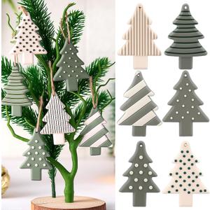 Sosation 24 Pcs Neutral Christmas Tree Ornaments 3.15 inch Sage Green Hanging Decorations Boho Modern Silicone Christmas Ornaments with Ropes for Xmas Tree Winter Crafts