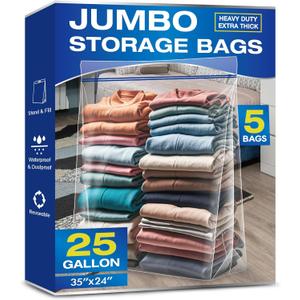 25 Gallon Jumbo Storage Bags, 3.5 Mil Thick Clear Plastic Zipper Bags with Handles, 35" x 24" Extra Large XL Heavy Duty for Home, Travel, and Moving (5 Packs)