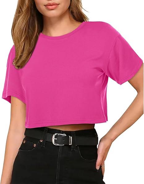 Womens Summer Crop Tops Short Sleeve Round Neck T-Shirts Loose Fit Casual Blouse 2026, Pink Large