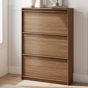 Shoe Cabinet with 3 Flip Drawers, 31.5" W Narrow Shoe Storage Cabinet for Entryway, Slim Shoe Organizer with Adjustable Shelves, Freestanding Shoe Rack for Hallway, Living Room, Walnut, 9.45"D x 31.5"W x 45.47"H