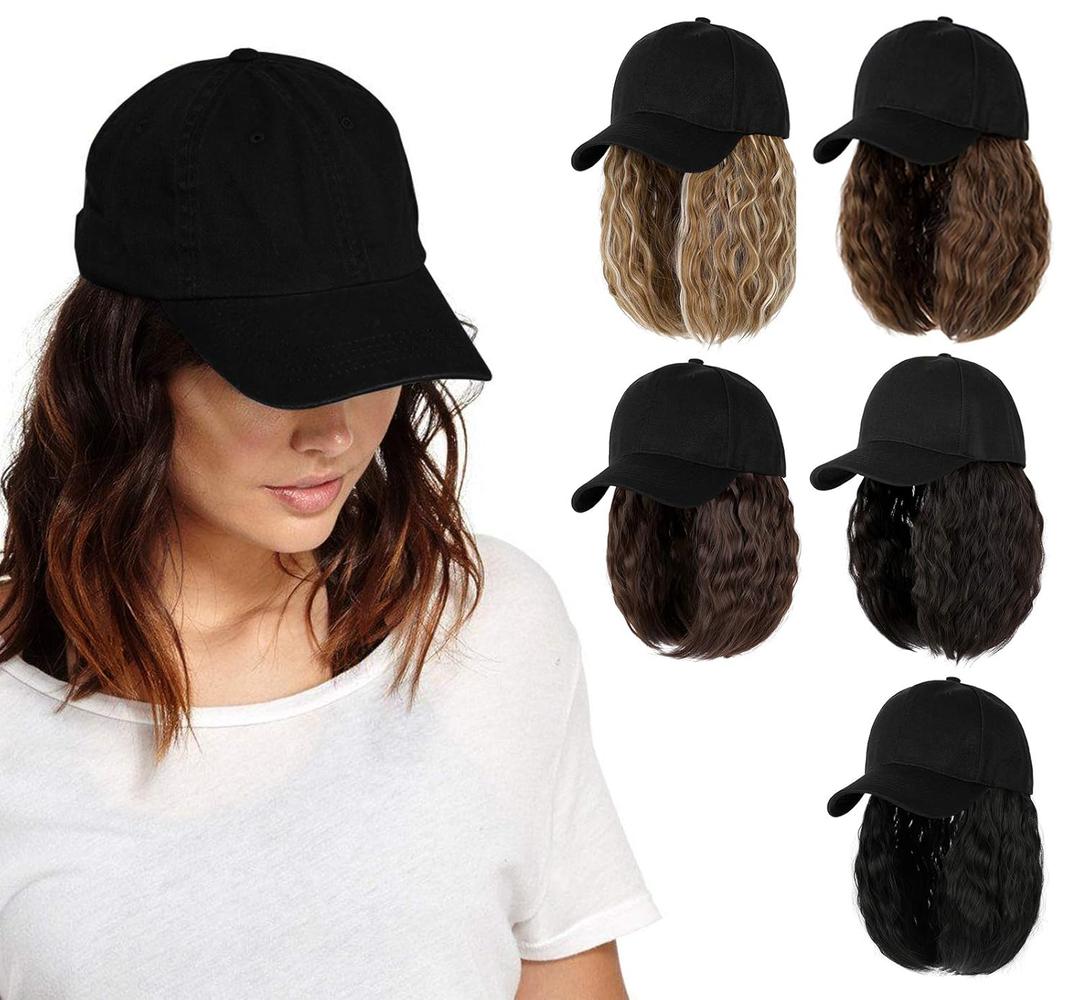 AynnQueen Baseball Cap with Hair Extensions for Women Adjustable Hat with Synthetic Wig Attached 8inch Kinky Curly Hair Black Baseball Cap (Natural Black) (Natural Black-S)