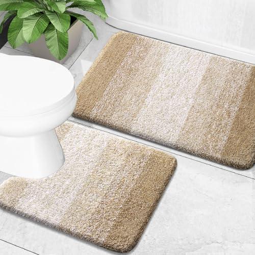OLANLY Bathroom Rug Set 2 Piece, Soft Absorbent Microfiber Bath Mats and U-Shaped Contour Toilet Rug, Non-Slip, Machine Wash Dry, Plush Shaggy Bath Mats for Bathroom (24"x16"+24"x20", beige)