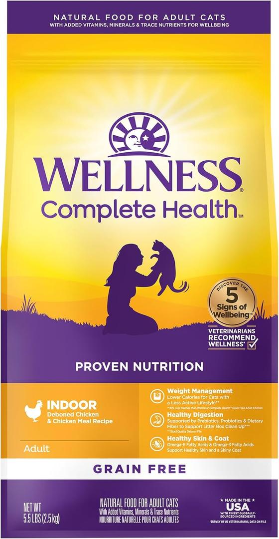 Wellness Complete Health Adult Dry Cat Food for Indoor Cats, Grain Free, Natural, Chicken & Chicken Meal (5.5 Pound Bag), Best By 31 Oct 2026