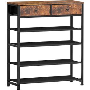 usikey Shoe Rack, 5 Tier Shoe Storage Organizer with 2 Drawers, Metal Shoe Shelf for 12-16 Pairs of Shoes, with 4 Fabric Shelves and Wooden Top, Shoe Stand for Closet Entryway, Rustic Brown (5 Tier ( 28.3 x 11 x 36.2 inches))