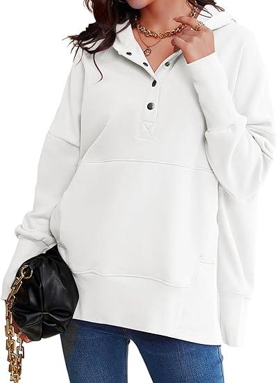 AlvaQ Womens Oversized Sweatshirts Hoodies Fleece Button Neck Hooded Tops Casual Pullover Tunics Winter Outfits 2025 L