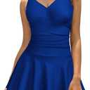 SHEKINI Women's V Neck One Piece Skirt Swimsuit Ruched Retro Swimdress Bathing Suit (Blue, M)