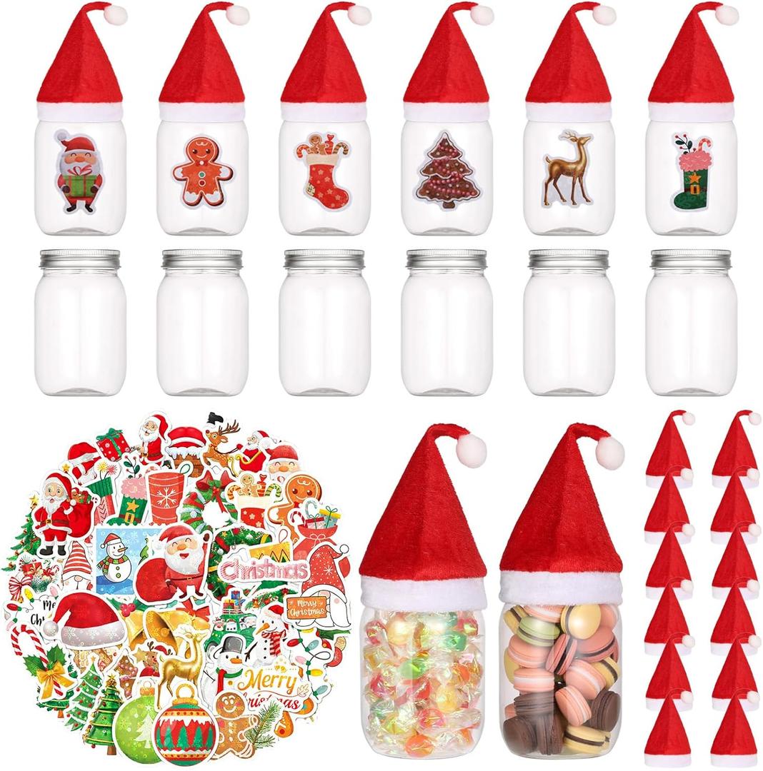 CIEOVO 12 Set Christmas Party Plastic Mason Jars Mini Santa Hat and Christmas Theme Vinyl Waterproof Stickerss 12 oz Clear Plastic Jars with Lids for Xmas Party Home Candies Cookies Storage Crafts