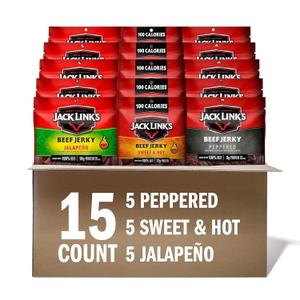 Jack Link's Beef Jerky Bold Variety Pack - Includes Sweet & Hot, Jalapeno and Peppered Jerky, Bulk Protein Snack Pack, Good Source of Protein, Meat Snacks Made with 100% Beef - 1.25 Oz (Pack of 15), Best By: 09/11/2026 Jack Link's Beef Jerky Bold Variety Pack - Includes Sweet & Hot, Jalapeno and Peppered Jerky, Bulk Protein Snack Pack, Good Source of Protein, Meat Snacks Made with 100% Beef - 1.25 Oz (Pack of 15), Best By: 09/11/2026