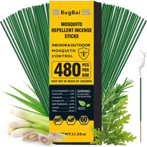 BugBai Mosquito Repellent Incense Sticks 480 PCS, 33.88oz, Citronella Oil DEET-Free Outdoor Bug Repellent for Patio Backyard Garden Camping Fishing