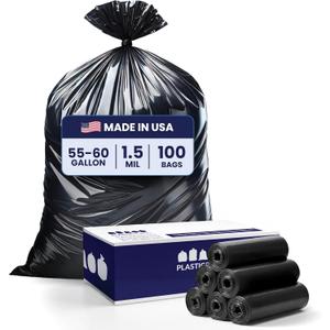 Plasticplace 55-60 Gallon Trash Bags, Heavy Duty, Black Garbage Can Liners, Puncture-Resistant Star Seal, 38" x 58", 100 Count for Warehouse, Kitchen, and Outdoor Use 1.5 Mil