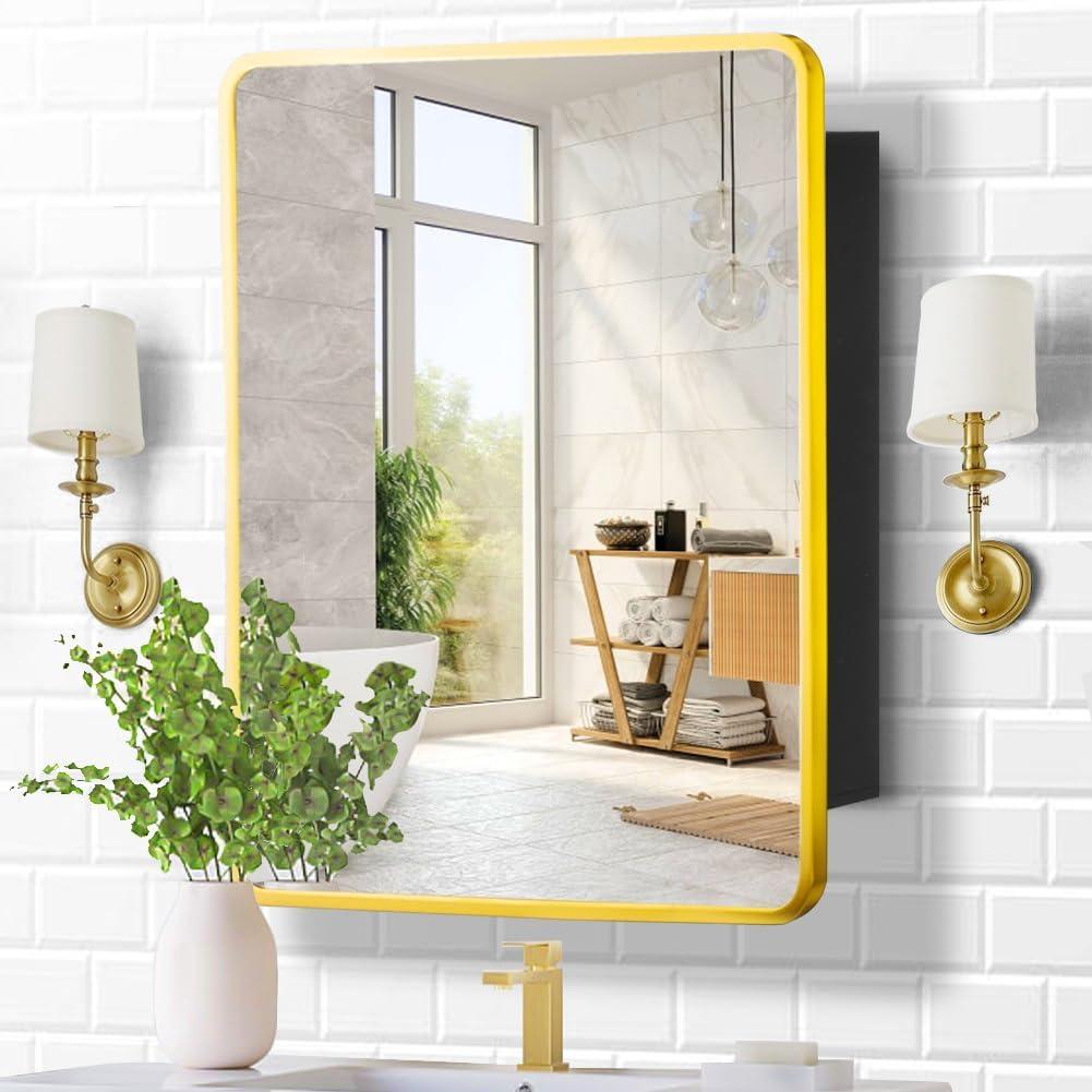 Movo Gold Metal Framed 24 Inch x 30 Inch Bathroom Medicine Cabinet with Mirror Aluminum Farmhouse Vanity Mirrors Recess or Surface Mount Installation