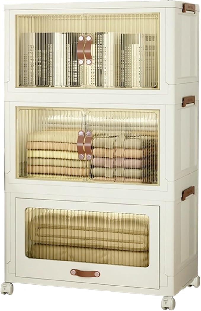 3 Tier Stackable Plastic Storage Bins with Lids 58QT, Collapsible Closet Organizers and Storage with Wheels for Living Room,Office,Dorm