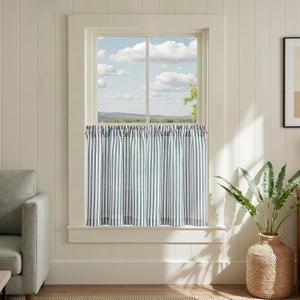 jinchan Striped Linen Kitchen Curtains 24 Inches Length Tier Curtains Farmhouse Modern Cafe Style Small Window Treatments Airy Light Filtering Rod Pocket for Living Room Bathroom 2 Panels Blue